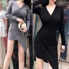 V-neck Long-sleeve Asymmetric Mini Sheath Dress