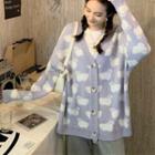 Long-sleeve Jacquard Cardigan Sweater - Blue - One Size