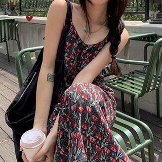 Spaghetti Strap Floral Print Midi Dress Red Floral - Black - One Size