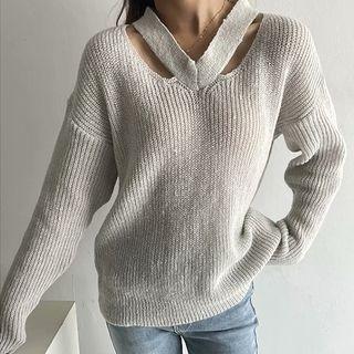 Long Sleeve V-neck Cut-out Loose-fit Sweater