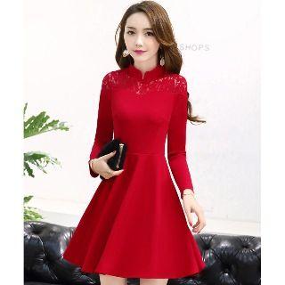 Stand Collar Lace Panel A-line Dress