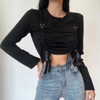 Drawstring Ruched Long-sleeve Cropped T-shirt