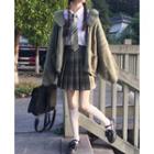 Collared Cardigan / Tie-neck Shirt / Plaid Pleated Mini Skirt