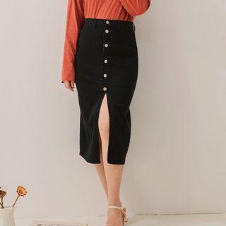 Slit Denim Midi Pencil Skirt