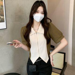 Short-sleeve Polo-neck Asymmetrical Top