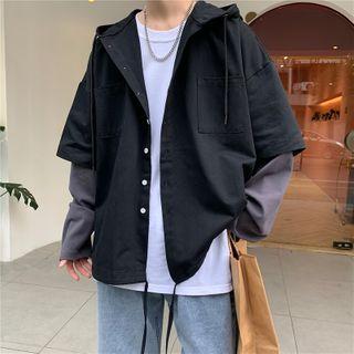 Mock Two-piece Color-block Single-breasted Hooded Jacket