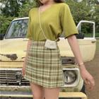 Short-sleeve V-neck/ Round-neck Top/ Plaid Mini Skirt