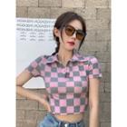 Short-sleeve Checkerboard Crop Polo Shirt Pink - One Size