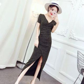 Slit Short-sleeve Midi Sheath Dress