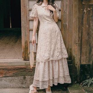 Short-sleeve Layered A-line Maxi Dress