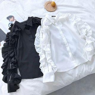 Ruffled-trim Zipper-sleeve Blouse