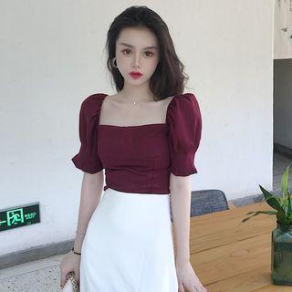 Elbow-sleeve Square Neck Top / A-line Slit Midi Skirt