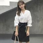 Set: Elbow-sleeve Blouse + A-line Skirt
