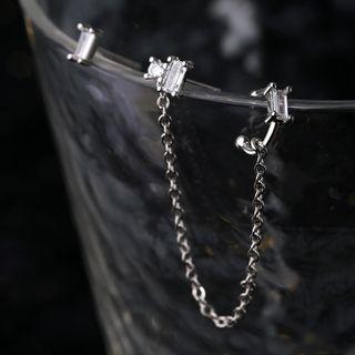 Rhinestone Chained Sterling Silver Asymmetrical Earring 1 Pair - Asymmetric - Silver - One Size