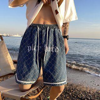 High-waist Drawstring Letter Embroidered Argyle Denim Shorts