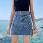 Belted Asymmetric Mini Denim Skirt