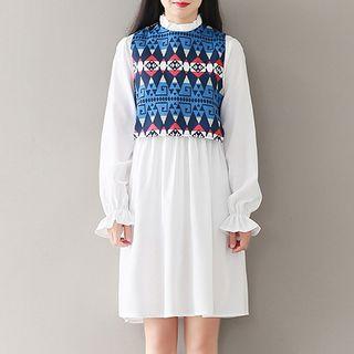 Set: Frill Collar Shirt Dress + Patterned Tank Top