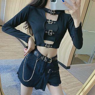 Long-sleeve Crop T-shirt / Denim Skort / Belt