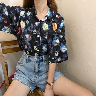 Elbow-sleeve Planet Printed Shirt As Shown In Figure - One Size