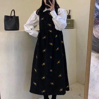 Sleeveless Floral Print Corduroy Midi Dress