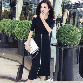 Set: Cutout Shoulder Elbow Sleeve Knit Top + Slit Front Midi Pencil Skirt