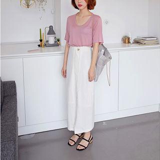 Slit-front Long Linen Blend Skirt
