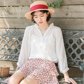 3/4-sleeve Sheer Open-collar Blouse