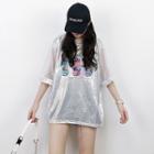 3/4-sleeve Sheer Panel Printed T-shirt