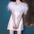 Cap-sleeve Furry Trim Mini Dress