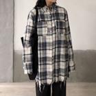 Plaid Fray Hem Shirt White - One Size