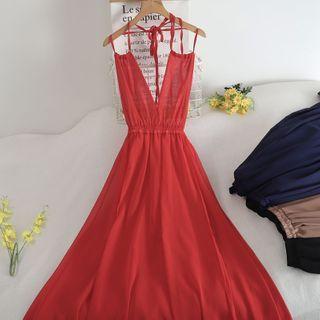 Spaghetti Strap Open-back Maxi A-line Chiffon Dress