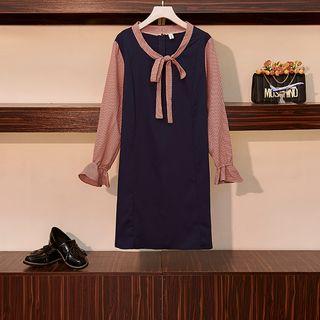 Long-sleeve Tie-neck Paneled Shift Dress