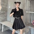 Short-sleeve Cropped Blazer / Chain Brooch / Mini Pleated Skirt / Grommet Belt / Set