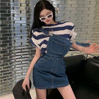 Striped T-shirt / Denim Mini Bodycon Overall Dress