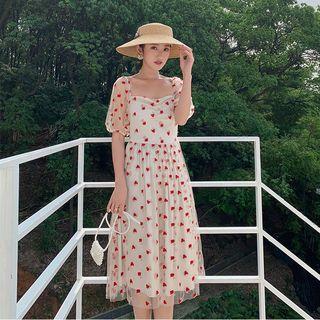 Short-sleeve Rose Embroidered Mesh A-line Midi Dress