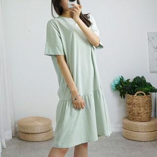 Lettering Ruffle-hem Long Cotton Dress