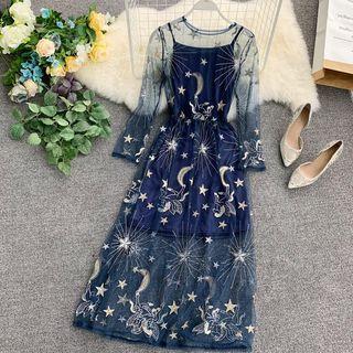 Set: Long-sleeve Embroidered Maxi Mesh Dress + Slipdress