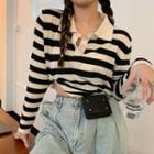 Long-sleeve Striped Polo Knit Top Black & White - One Size