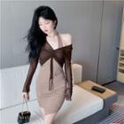 Set: Halter-neck Mini Bodycon Dress + Mesh Crop Top Set Of 2 - Top - Dark Brown & Dress - Coffee - One Size