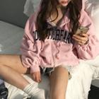 Kangaroo-pocket Lettering Zip-up Hoodie
