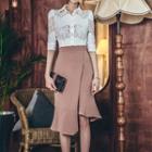 Set: Elbow-sleeve Lace Panel Shirt + Asymmetrical Pencil Skirt