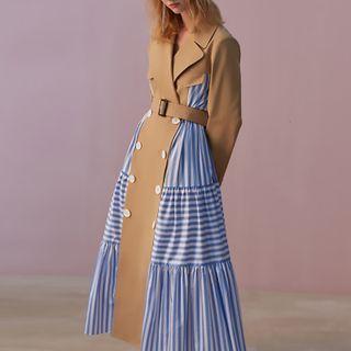 Striped Panel Double-breasted Belted Trench Coat