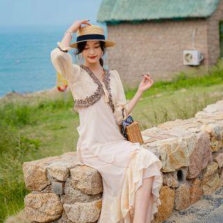 3/4-sleeve Lace Trim Cropped Light Jacket / Spaghetti Strap Ruffle Midi Sheath Dress