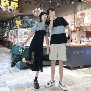 Couple Matching Lace Panel Midi A-line Dress / Short-sleeve Crop Top / T-shirt / Shorts / Set