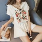 Set: Floral Embroidered Short-sleeve Hooded T-shirt + Wide-leg Shorts
