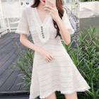 Plain V-neck Knit Short-sleeve A-line Dress