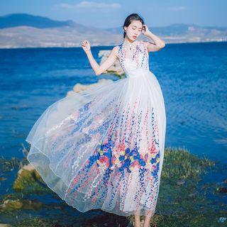 Sleeveless Floral Embroidered Midi A-line Mesh Dress