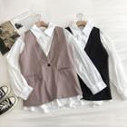 Set:plain Long-sleeve Blouse + Plain V-neck Vest