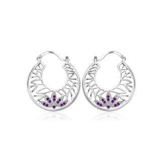 Retro Flower And Leaf Earrings With Purple Austrian Element Crystal Silver - One Size