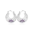 Retro Flower And Leaf Earrings With Purple Austrian Element Crystal Silver - One Size